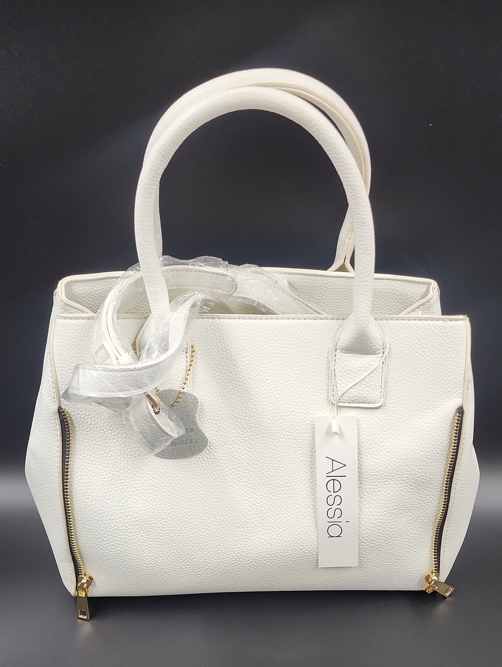 Alessi White Pebbled Satchel with Gold Zipper Accents